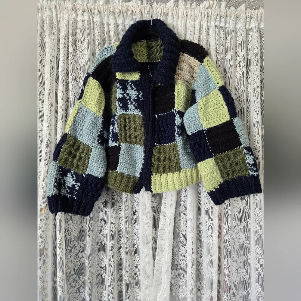 Handmade Wool Patchwork Cardigan – Super Thick & Heavy – Oversized Fit - Picture 2 of 9